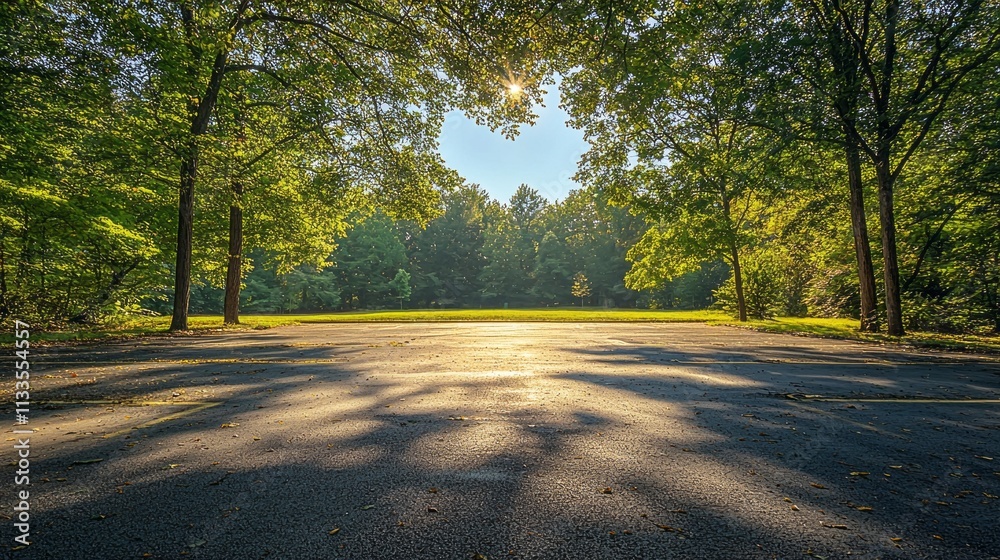 Poster Sunlight pours through the canopy of trees, casting intricate shadows on a smooth, empty pathway. The serene, vibrant greens of summer create a peaceful retreat for nature lovers