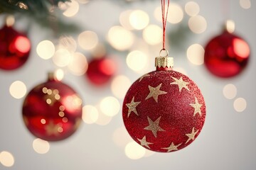 Red Christmas ornaments hang with soft focus bokeh. Festive holiday decorations glitter with golden stars. Christmas balls in soft focus. Image perfect for holiday decor. Charming photo ideal for