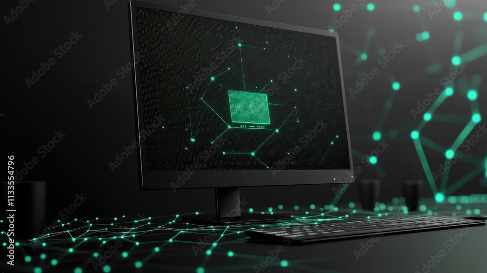 Aufkleber A glowing network grid forms the backdrop for a simple monitor icon, representing the essence of digital connectivity and support in technology. Generative AI