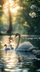 A serene scene of a swan and its cygnets swimming in tranquil waters at sunset.