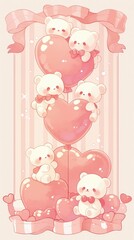 Adorable pastel teddy bears on heart-shaped balloons.