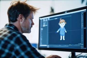 Man intently focuses on computer screen. 3D character design project visible on monitor. Works in tech office environment. Pro 3D modeling job. Gaming animation design. Designer concentrating on work.
