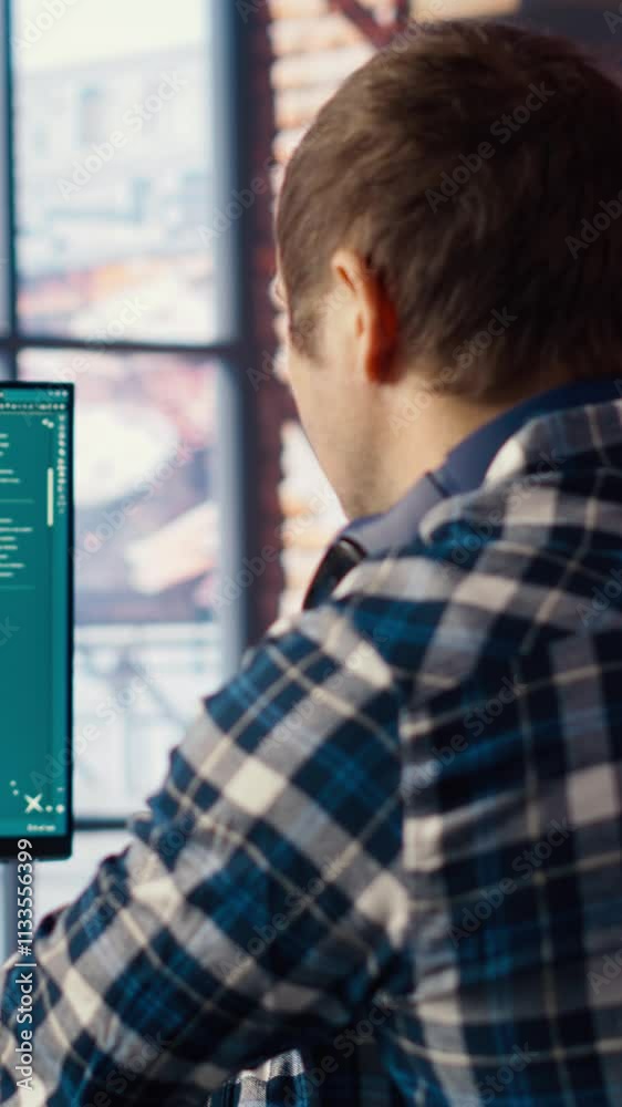 Poster Man in home office using generative artificial intelligence website generating videos using diffusion models. Person wearing headphones using AI virtual assistant producing clips for him, camera B