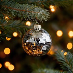 Obraz premium Shiny silver disco ball ornament hangs on Christmas tree branch. Festive lights blur in background. Ornament reflects light beautifully. Christmas spirit shines through. Decoration adds sparkle to