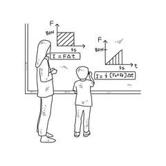 Simple sketch drawing of a  teacher is teaching his students physics lessons in a class at school. Education themes in simple sketch concept design vector and good for presentation education purpose.
