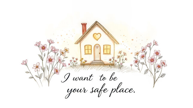 A charming house with a heart-shaped window, surrounded by flowers and glowing in the warm light of sunset. The text "I want to be your safe place" adds a heartfelt and cozy sentiment