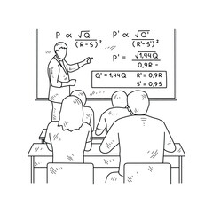 Simple sketch drawing of a  teacher is teaching his students mathematics lessons in a class at school. Education themes in simple sketch concept design vector and good for presentation purpose.