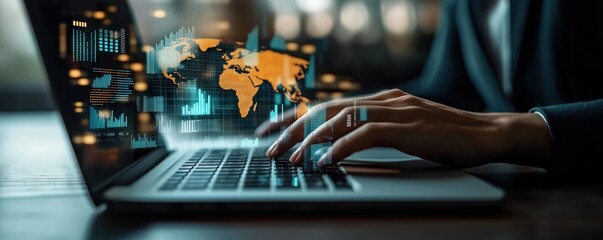 Businessperson analyzes data on laptop. Visualizations of global data trends appear on screen. Person interacts with data analytics software. Data-driven decision-making key to success in modern