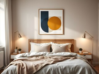 modern minimalist bedroom design featuring warm neutral tones, wooden furniture, cozy bedding, abstract wall art, and stylish lighting for a serene ambiance