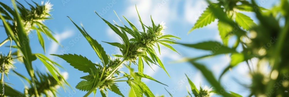 Poster branches of seed-bearing plants stretch towards the sky, capturing sunlight in a vibrant natural set