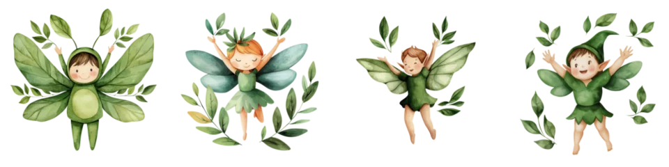 Whimsical fairies in green outfits surrounded by leaves, joyful and playful, isolated on transparent background.