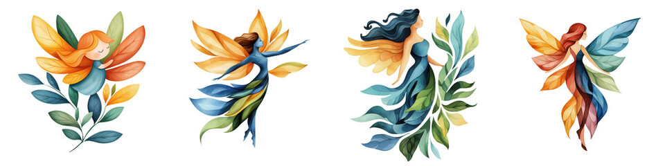 Obraz premium Whimsical fairies with colorful wings and flowing hair among leaves, isolated on transparent background.