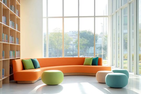 Modern library lounge with vibrant orange seating, colorful accent cushions. Curved sofa offers comfortable seating for relaxation in front of large windows overlooking city park. Plenty of natural