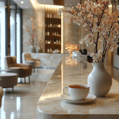 A white vase with pink flowers sits on a table next to a white coffee cup