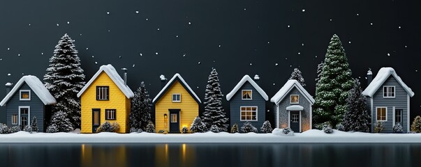 Fototapeta premium different yellow and grey winter houses set with pine tree and snow on black background 