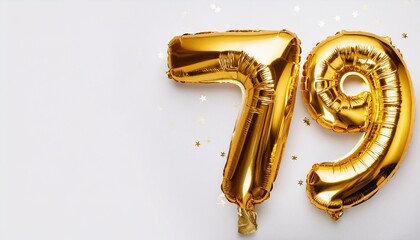 Number 79 golden balloons on white background with copy space. Generated image