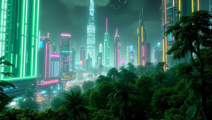 Futuristic Cyberpunk Cityscape with Neon Lights and Palm Trees