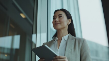 Kazakh businesswoman engaged in strategic planning while holding a tablet in a modern office environment