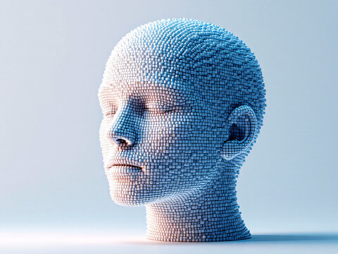 Digital, Pixelated, Head, Face, Disintegrating, 3D, Artificial Intelligence, Futuristic, Technology, Cyber, Glitch, Abstract, Blue, White, Squares, Cubes, Dissolving, Transparent, Modern, Innovative, 