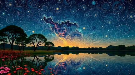 Tranquil Moonlit Lake with Art Nouveau Flowers