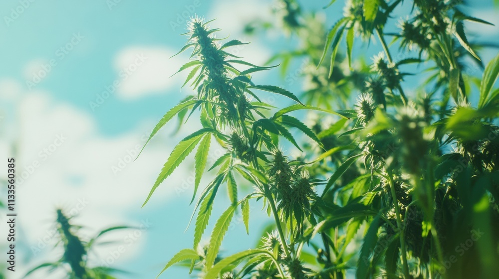 Poster branches of sunflower and hemp plants stretch towards the sky, displaying their seed-bearing capabil