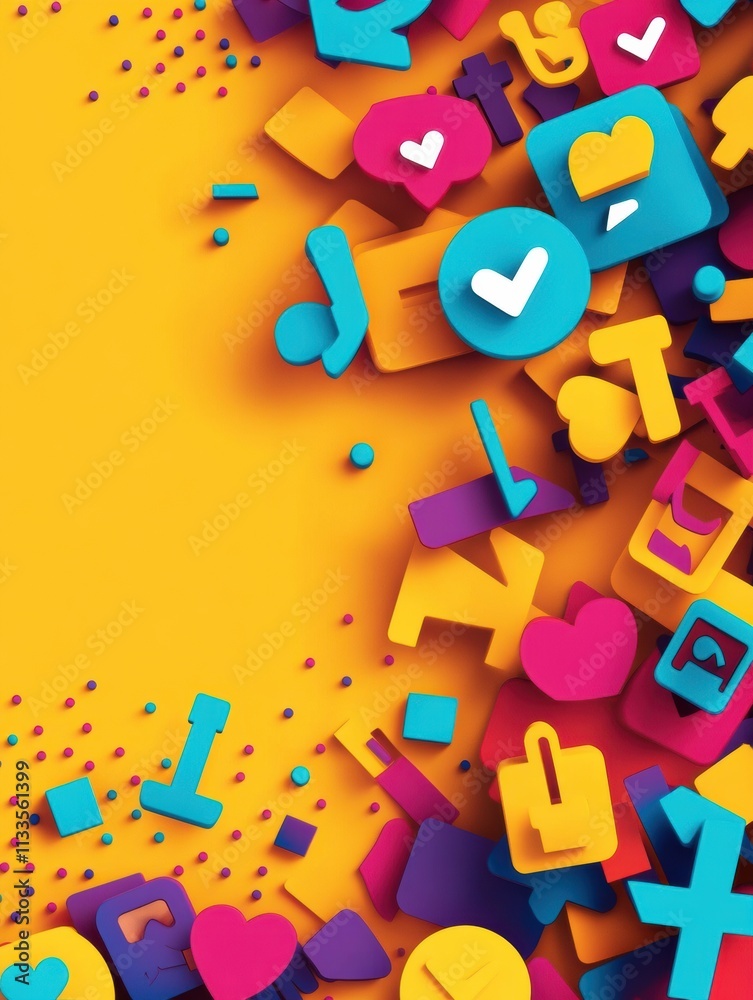 Aufkleber Bright yellow background showcases a lively collection of colorful social media icons, representing engagement and connection in the digital space. Generative AI