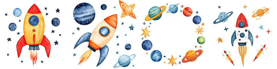 Colorful space themed watercolor clipart featuring rockets and planets, isolated on transparent background.