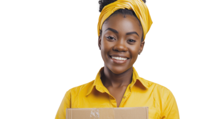 Delivery courier african young woman, shipping box and smile in portrait on white background

