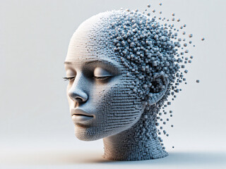 Digital, Pixelated, Head, Face, Disintegrating, 3D, Artificial Intelligence, Futuristic, Technology, Cyber, Glitch, Abstract, Blue, White, Squares, Cubes, Dissolving, Transparent, Modern, Innovative, 