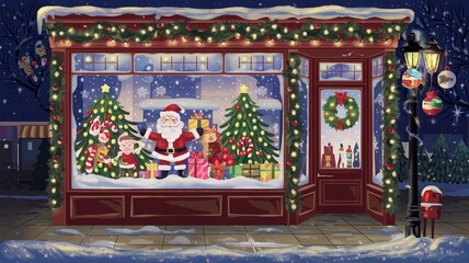 Storefront decorated for Christmas festive holiday scenery with snow outside at night illustration
