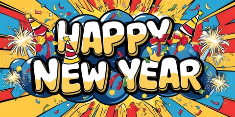  Quirky 'Happy New Year' with Oversized Bubble Letters, Party Hats, and Explosive Comic-Book Style Colors