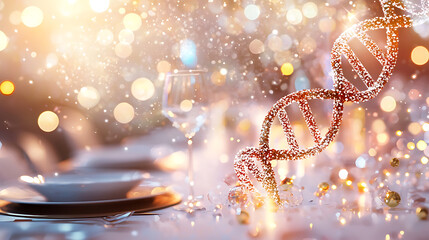 beautifully set dining table with sparkling lights and DNA strand, creating magical atmosphere for special occasion