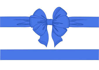 Vintage style decorated long blue bow and ribbon. Hand drawn vintage line art vector illustration.