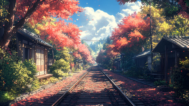 Autumnal Train Tracks Through A Picturesque Village