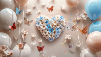 Light cinnamon, white and blue forget-me-nots, floating balloons, and a heart of colorful glitter butterflies