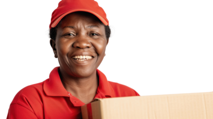 Delivery courier african senior woman, shipping box and smile in portrait on white background
