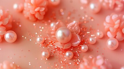 Light coral pink canvas, central pearl pink pearls surrounded by shimmering coral glitter, suitable for announcing a baby girl