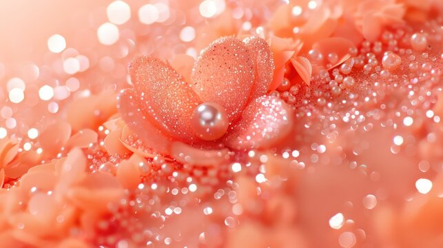 Light coral pink canvas, central pearl pink pearls surrounded by shimmering coral glitter, suitable for announcing a baby girl