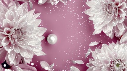 Light fuchsia background featuring white dahlias with sparkling silver glitter and a prominent central pearl, designed for a newborn girl's announcement