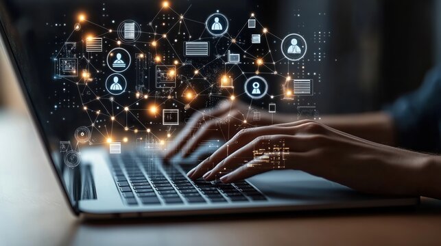 Person uses laptop for digital recruitment. Online headhunting process for team building. Person looks for right employee candidate. Modern tech tools for finding talent. Human resources, digital