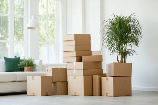 Bright minimalist living room stacks cardboard boxes for moving day. White sofa, green cushions in room. Plant beside boxes. Simple decor, preparation for relocation. Empty space, boxes indicate