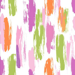 a white background with a modern pattern with light pink bright pink bright green purple and orange painted splotches in a style similar to ikat but not as formed.j