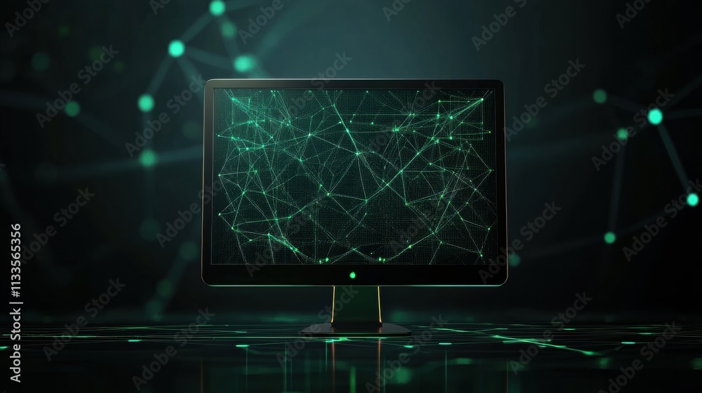 Leinwandbilder A glowing network grid and a simple monitor icon illustrate digital support and connectivity, reflecting advanced technology and communication. Generative AI