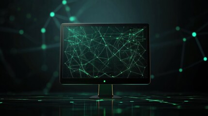 A glowing network grid and a simple monitor icon illustrate digital support and connectivity, reflecting advanced technology and communication. Generative AI