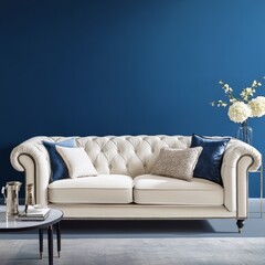 Modern living room w/ elegant sofa & blue wall
