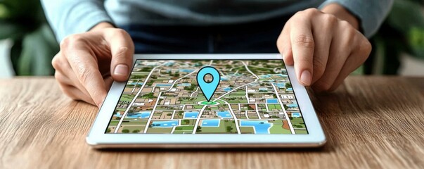 Person navigating tablet map in a contemporary workspace setting
