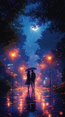 A romantic scene of a couple under an umbrella in a rainy, illuminated street at night.