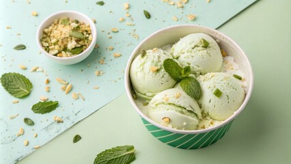 Set against a backdrop of soft pastel colors a round container showcases a delicate blend of pale green and ivory ice cream infused with a hint of matcha. Visible on top are