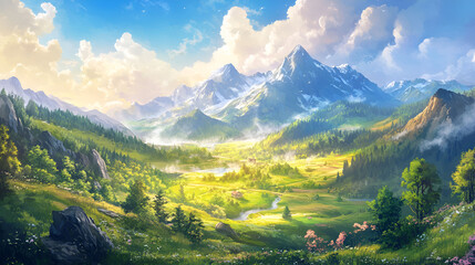 Serene Valley Nestled Amongst Majestic Snow Capped Mountains