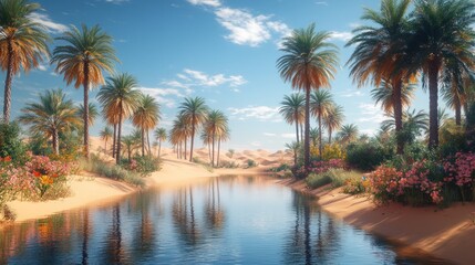 Obraz premium Serene oasis with palm trees, tranquil water, and vibrant desert flowers under a bright, sunny sky.